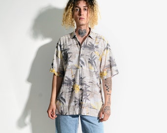 Hawaiian vintage shirt mens | 90s printed cotton palm beach multi pastel summer button up shirt | Retro 80s Aloha short sleeve shirt | M/L