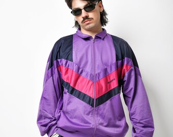 Vintage purple track jacket for men | Retro 80s 90s Old School tracksuit top full zip sport athletic jacket violet | Size Large/XL