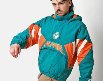 Vintage 90's Miami Dolphins Starter jacket blue-orange mens | NFL team hooded football puffer bomber jacket half zip 1/2 coat | XL size