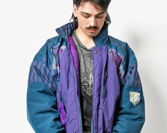 80s vintage ski jacket in purple blue unisex | Retro multi coloured skiing bomber jacket | Full zip rave 90s winter snow coat | Medium size