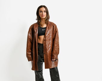 Vintage 80s leather mid long coat brown women's | Button up retro jacket 90s Old School leather jacket outerwear | Large L size