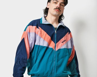 Vintage lightweight windbreaker men blue multi colour block | Retro 90s 80s rave shell wind shell suit top jacket | Medium M size