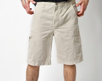 Pantalones cortos cargo largos vintage color beige para hombre / Pantalones cortos multibolsillos para senderismo, turismo y campamento / Pantalones cortos de sarga estilo años 90, Y2K, verano / Talla XL