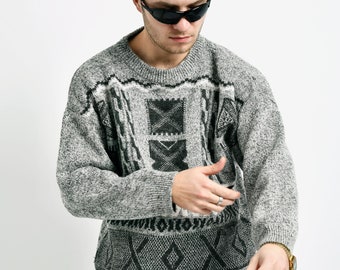 Vintage sweater mens grey | 80s retro classic knit jumper | 90s geometric pattern pullover | Nostalgic dads boyfriend gift for him | S/M