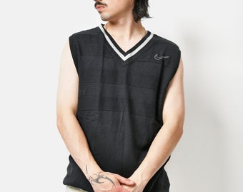 Vintage Nike sweater vest black mens | Retro 90s Y2K knit knitted jumper for men | Unisex sleeveless gilet preppy sweater vest | Large size
