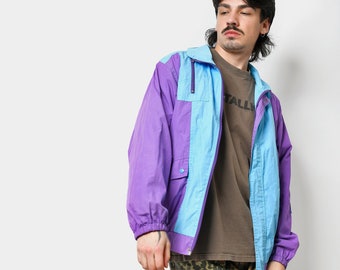 80s windbreaker jacket men's in purple blue | Vintage multi colour block shell track top | 90s lightweight retro sport wind jacket | S/M