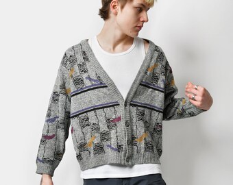 Vintage 80s cardigan sweater men's grey multi coloured | 90s grunge knit abstract patterned button up jumper | Small/Medium size