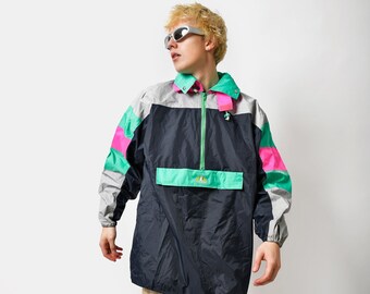 Vintage lightweight hooded windbreaker jacket black multi colour block | Retro anorak 90s 80s festival shell wind 1/2 half zip rain coat | L