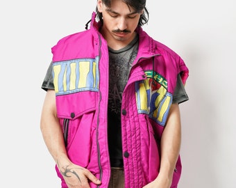 90s vintage ski puffer vest pink | 1990s nylon sleeveless jacket skiing gilet for men | Retro rave warm winter snow shell vest | M/L size