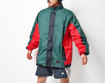 Vintage lightweight windbreaker green red men | Retro 80s hooded light jacket | 90s festival rave fall shell wind rain coat | Large L size