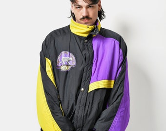 90s vintage ski jacket black yellow purple multi colour | Retro padded full zip coat men's | 80s winter snow wind raincoat | XL size