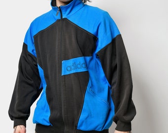 Old School 80er Jahre ADIDAS Trainingsjacke Herren blau schwarz | Vintage-Retro-Reißverschlussjacke im Stil der 90er Jahre, aktiver sportlicher Pullover | Große L Größe