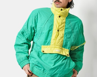 Retro ski hooded coat green yellow men's | 80s vintage shell 1/2 half zip pullover | 90s windproof windbreaker snow anorak | Medium M size