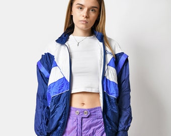 80s retro jacket blue white colour block | Unisex vintage track shell suit top | Detachable sleeves nylon sport 90s windbreaker | XS/S size