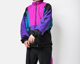 Vintage 90s tracksuit set men black multi colour block (pink purple blue) | Rave 80s retro nylon windbreaker shell suit for men | XL/XXL