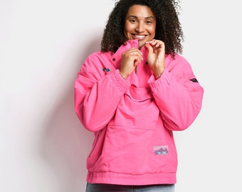 90s vintage pink colour pullover | Crazy shell 1/4 quarter zip ski jacket | 80s style neon windbreaker high neck anorak | L/XL size