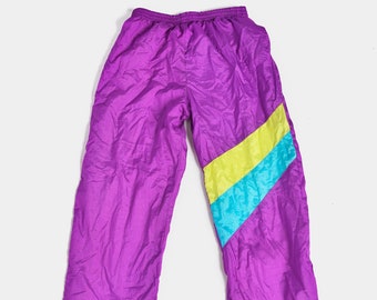 Vintage kids 80s shell pants purple | Old School 90s style children nylon track bottom | Retro boys girls wind trouser joggers | Size 152