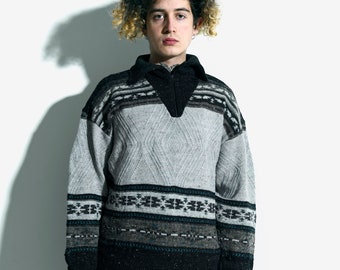 Suéter retro de lana semilana gris para hombre de los años 90 / Jersey de punto cálido vintage de los años 80 / Jersey de punto estilo boyfriend / Jersey de esquí de punto con cuello alto de invierno para papá M