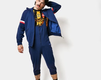 Retro 80s/70s tracksuit set in navy blue colour for men | Vintage rave sports full tracksuit set summer capri by Rodeo | Small/Medium size