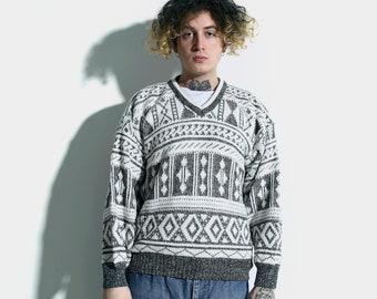 Suéter retro de los 80 para hombre, blanco y gris / Jersey de punto cálido clásico vintage de los 90, jersey acrílico azteca / Regalo para novio / Talla M mediana