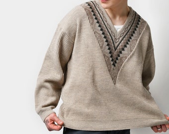 Vintage sweater in beige for men | Retro 80s 90s oversized cozy boxy knit jumper | Brown nostalgic pullover boyfriend gift | L/XL size