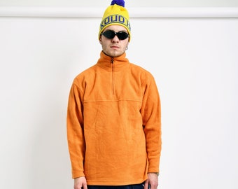 Retro 80s ski fleece orange men | Warm winter quarter 1/4 zip jacket | Vintage 90s soft sweater jumper pullover sweatshirt | Size Medium M