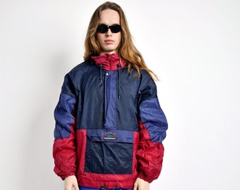 Vintage lightweight windbreaker mens navy blue red colour | Retro anorak hooded half zip jacket | 90s 80s rave shell wind pullover | XL