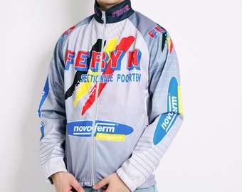 90s vintage cycling jacket multi coloured grey for men | Sports full zip top bike wear windbreaker windproof outerwear coat | Medium M size