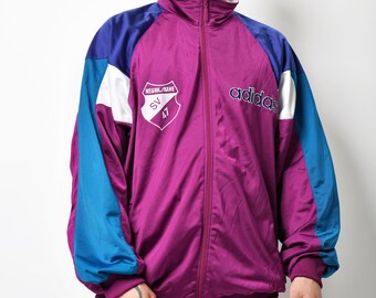 ADIDAS vintage 90s style track top jacket purple blue colour men | Old School 80s retro authentic full zip up sports jumper | XL size