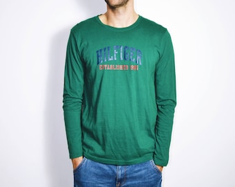 TOMMY HILFIGER long sleeve t-shirt mens in green colour | 90s Y2K Old School vintage shirt for men | 90s vintage tee | Size Large L