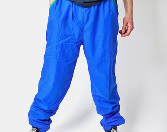 Vintage 90s joggers blue colour men's | Sport trousers festival shell nylon pants | Old School 80s style track wind trouser | Large L size