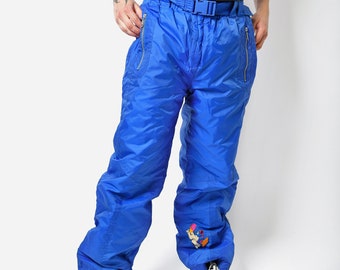 Retro 80s ski pants in blue colour men's | Vintage sports nylon skiing bottom | 90s warm padded insulated wind shell snow trousers | Large L