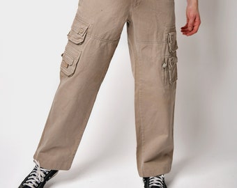 Vintage 90s men&#39;s chinos beige | Retro classic multi pocket cargo pants | Skater skateboard cotton work trousers Y2K | Size - Small S