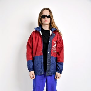 Vintage windbreaker shell jacket red blue colour block men&#39;s | Festival hooded windbreaker parka wind coat raincoat unisex | Large L size