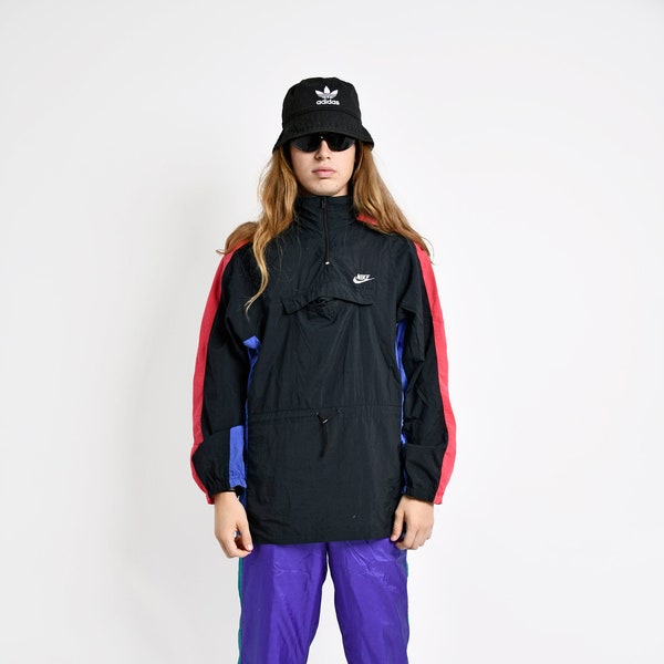 NIKE vintage hooded shell jacket black multi colour | Old School 90s summer nylon 1/4 quarter zip rave windbreaker rain coat | Size Medium M
