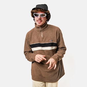 Vintage Y2K fleece ski pullover in brown colour for men | Retro 2000s 00s era jumper | Quarter 1/4 zip jacket warm sweatshirt | XXL 2X size
