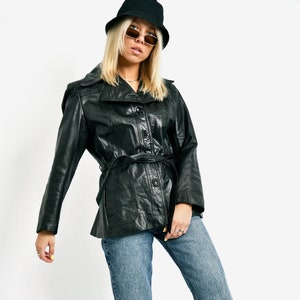 Vintage 70s real leather mid long coat black | Retro womens button up jacket | 80s grunge leather jacket outerwear unisex | Size Medium M