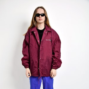 80s vintage cherry maroon colour windbreaker jacket | Retro 90s shell jacket red | Festival lightweight collared wind coat red | Large size