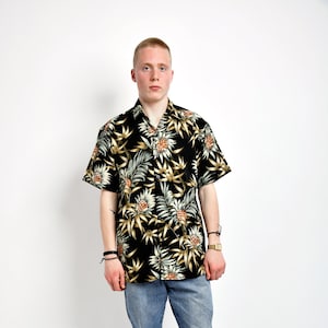 Vintage summer floral shirt mens | Abstract printed black multi boho hipster 90s 80s retro rave beach short sleeves button up shirt | M/L