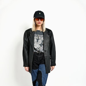 Vintage leather mid long coat black unisex | Retro women&#39;s genuine leather jacket | Y2K 00s 90s grunge button jacket outerwear | Size Medium