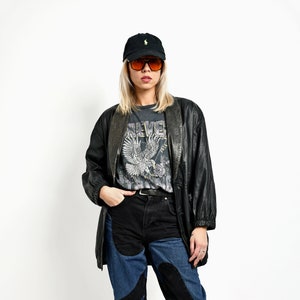 Vintage 80&#39;s leather mid long coat black women&#39;s | Retro genuine leather jacket | 90s grunge button jacket outerwear | Size XS extra small