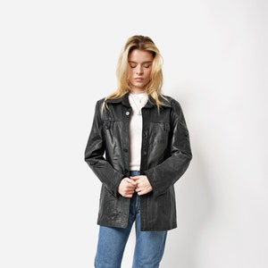 Manteau mi-long en cuir rétro des années 90 noir femme | veste dames vintage des années 80 | Veste en cuir vintage grunge des années 90 | Petite taille S