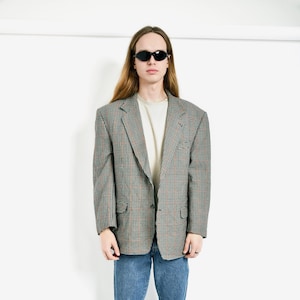 Vintage oversized men&#39;s blazer beige multi | 80s preppy unisex houndstooth sport coat | 90s fashion retro classic casual jacket | Large size