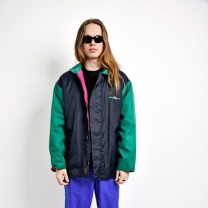 Retro Parka Mantel für Männer Navy Blau Grün | Frühling Herbst 80er Jahre Skijacke Herren | Vintage 90er Jahre Sport isolierter Regenmantel für Herren | Größe L/XL