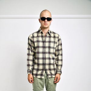 Vintage plaid cotton shirt mens beige brown | Western 90s checked classic casual long sleeve button up overshirt | Boyfriend gift idea | M