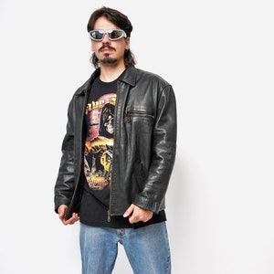 Vintage real leather jacket black for men | Men's Y2K 2000s style retro jacket | 90s Old School leather jacket outerwear | Medium M size