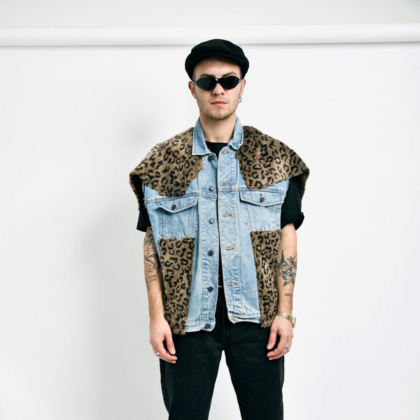 80s vintage denim vest leopard print fur men | Medium wash sleeveless retro jean jacket gilet | 90s grunge punk boho hipster rave vest | XL