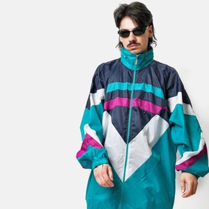 Coupe-vent rétro années 90 multicolore bleu homme | veste shell légère à capuche été festival rave vintage des années 80 | Taille XL