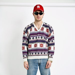 80s vintage sweater mens abstract pattern multi coloured | Retro 90s boho sweater knit jumper boyfriend gift for him | Nostalgic pullover XL