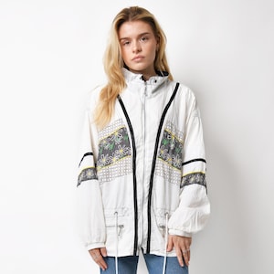 Vintage floral windbreaker in white colour | 80s 90s abstract patterned shell jacket womens | Lightweight rave festival zip up top | XL size